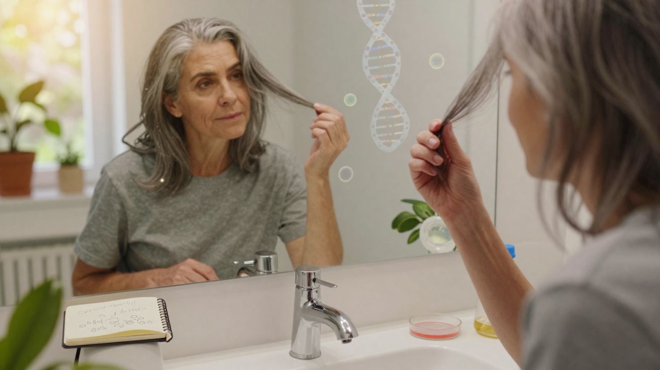 Mulher de cabelos grisalhos a olhar o cabelo ao espelho de casa, sobre torneira de lavatório e caderno aberto.