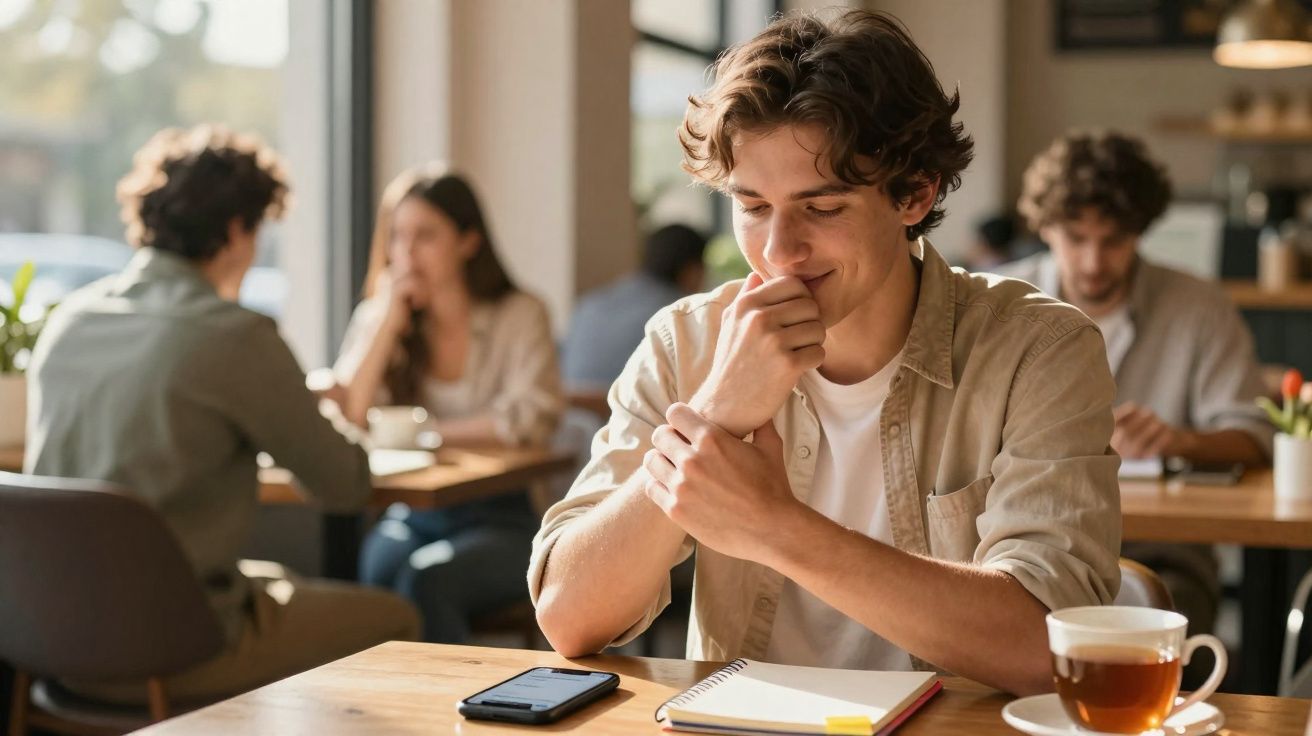 Jovem sentado numa mesa de café a pensar, com caderno, telemóvel e chá à sua frente.