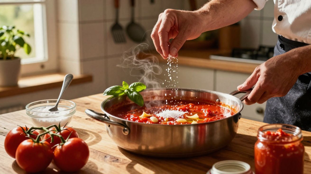 Pessoa a temperar molho de tomate quente numa frigideira inox numa cozinha iluminada e rústica.