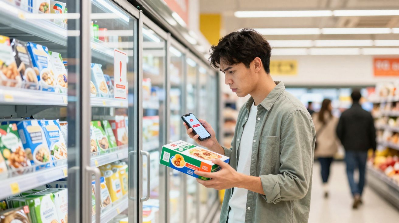 Jovem a consultar uma aplicação móvel enquanto escolhe um produto alimentício congelado no supermercado.