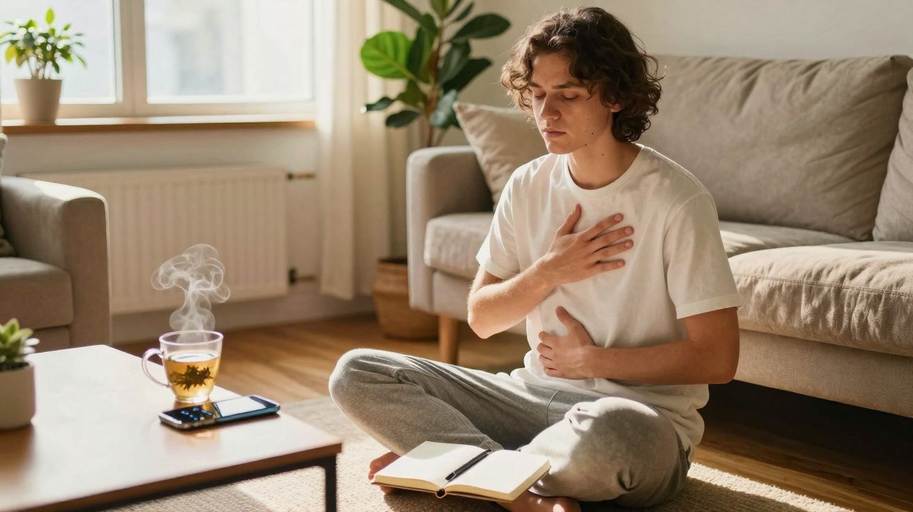 Jovem sentado no chão da sala, com mãos no peito e estômago, ao lado de chá quente e caderno aberto.