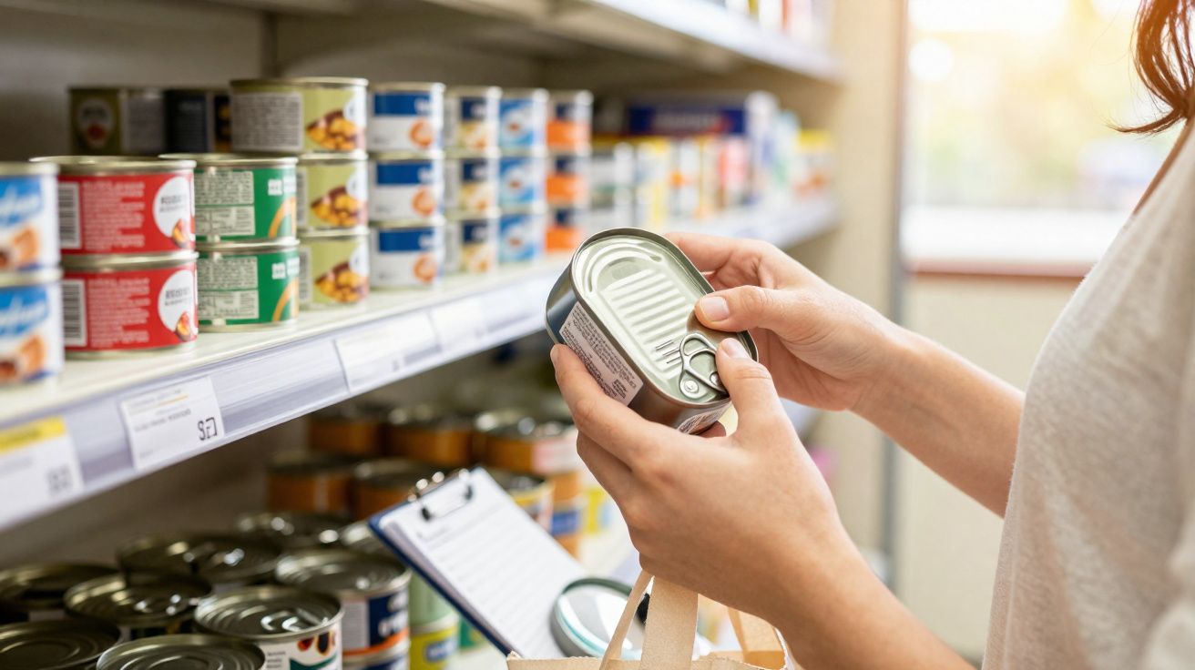 Pessoa segurando lata de conserva numa prateleira de supermercado, cheia de produtos enlatados.
