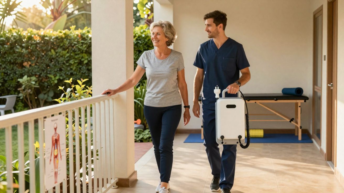 Idosa em passeio assistida por fisioterapeuta com equipamento médico em clínica iluminada e arejada.