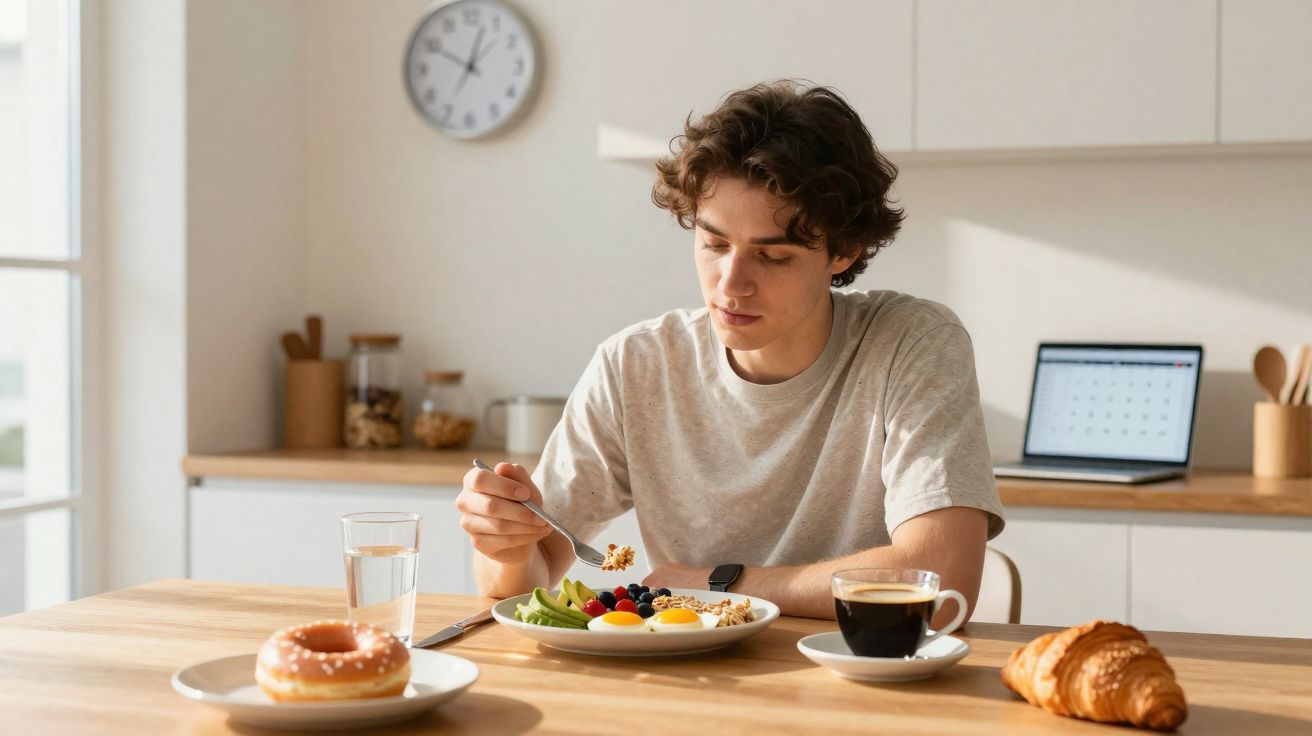 Jovem a comer pequeno-almoço saudável com ovos, frutas, café, croissant e rosquinha numa cozinha luminosa.