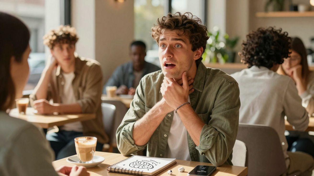 Homem a gesticular e a falar com expressão intensa numa conversa numa cafetaria com outras pessoas ao fundo.