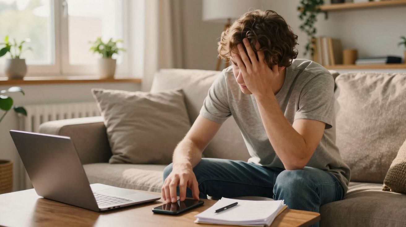Homem sentado no sofá com expressão preocupada, usando telemóvel, computador portátil e apontamentos à sua frente.