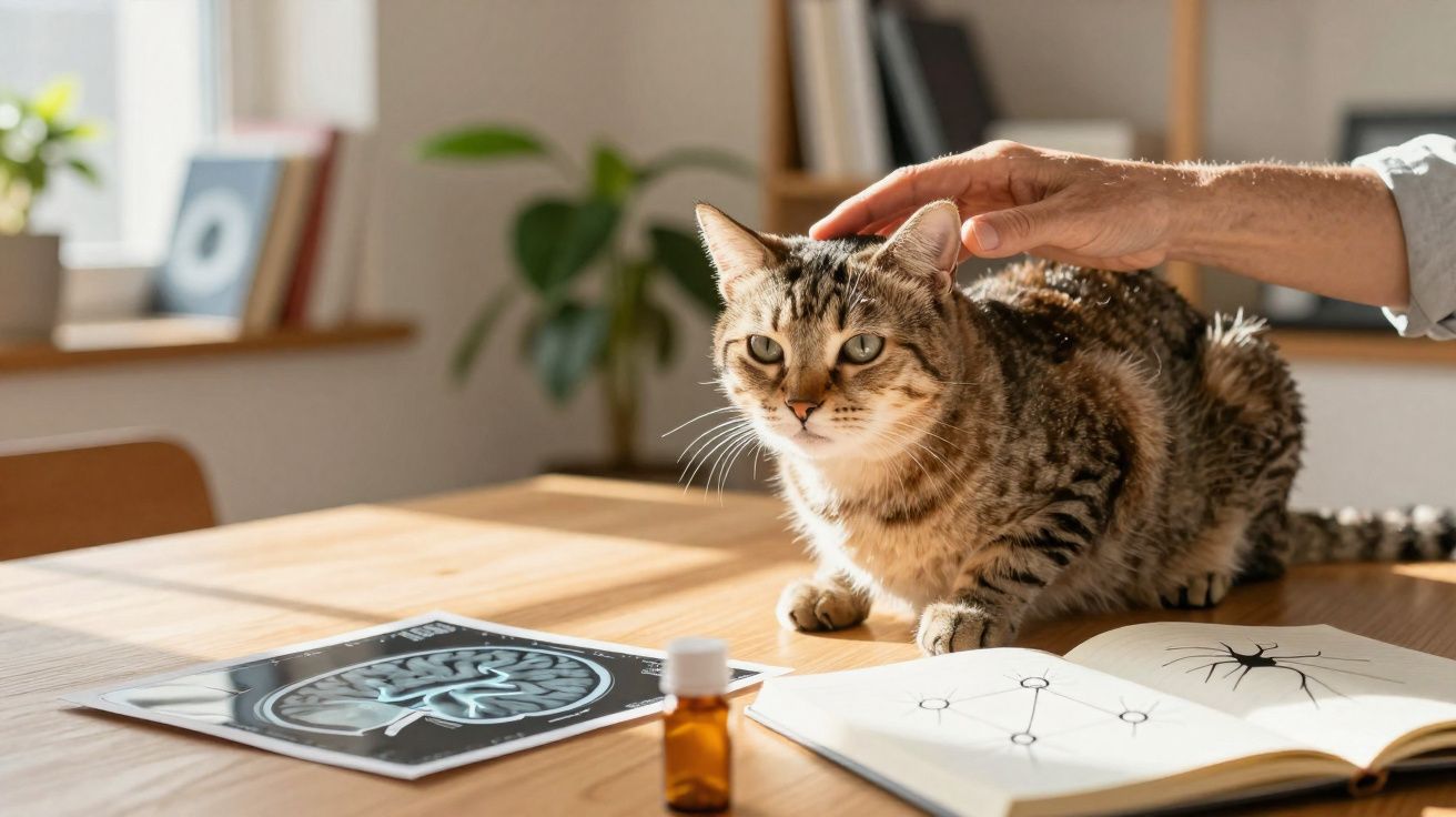 Gato tigrado na mesa com raio-X cerebral, frasco de medicamento e caderno de desenhos, sendo acariciado por uma mão.