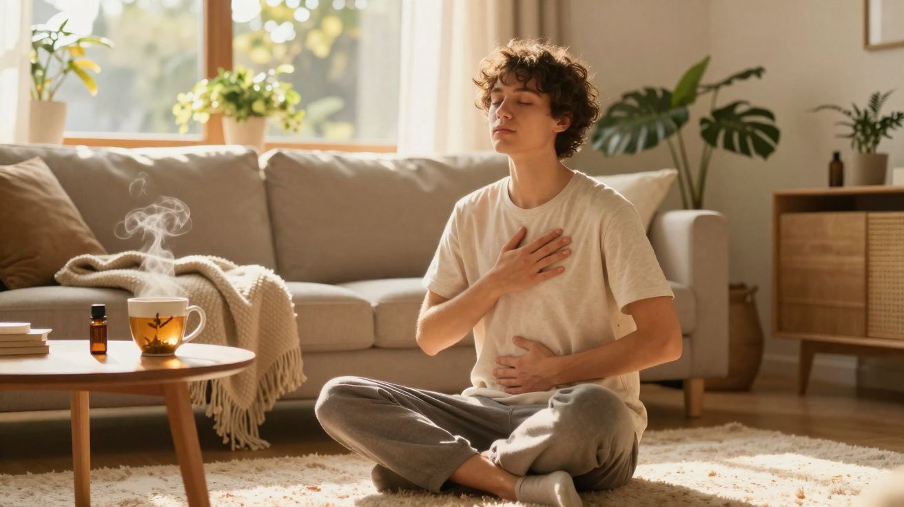 Pessoa sentada no chão com os olhos fechados a fazer meditação num ambiente acolhedor e tranquilo.