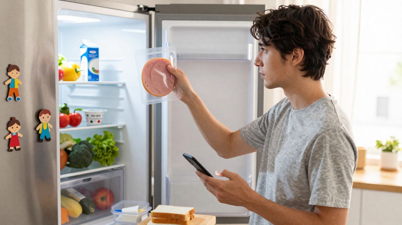 Jovem a tirar fiambre da geladeira enquanto segura telemóvel numa cozinha iluminada.