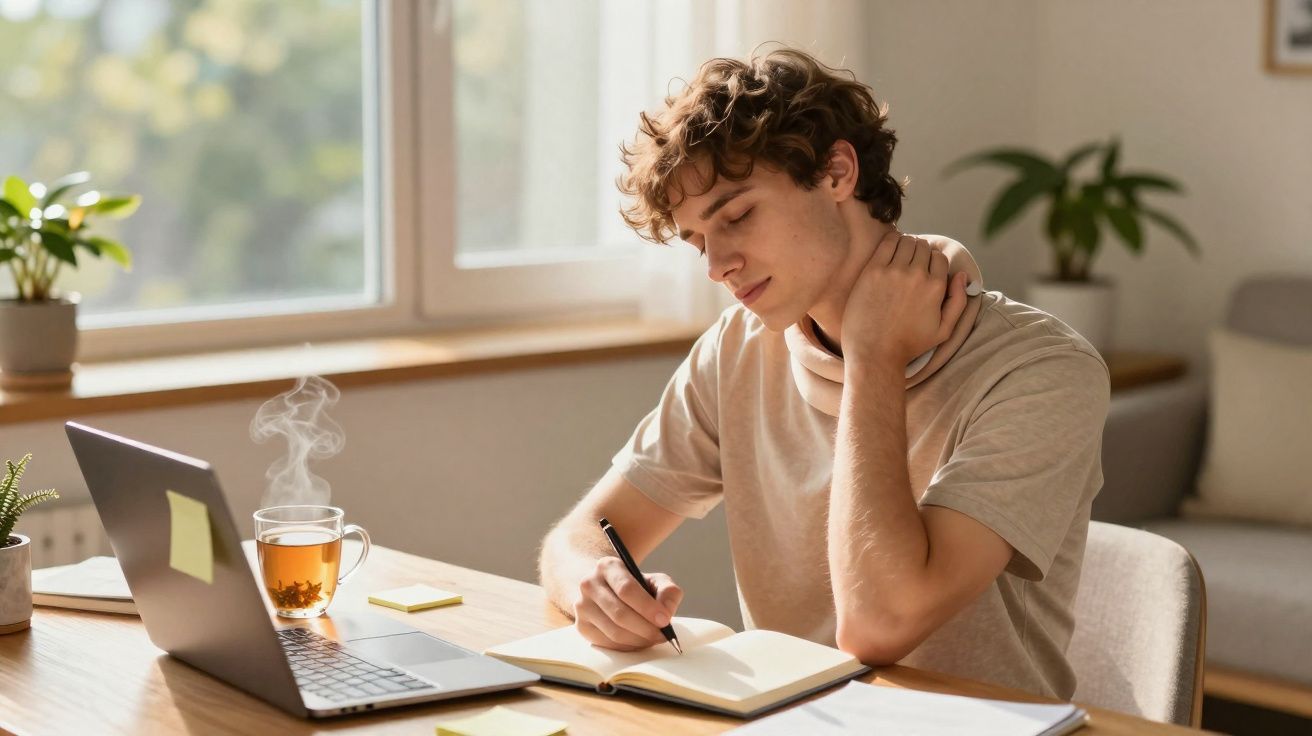 Jovem sentado a escrever num caderno, com computador e chá quente numa mesa junto à janela.