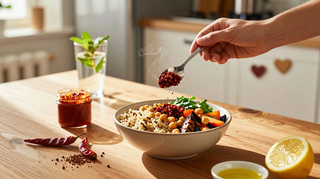 Tigela com salada de grão, quinoa, legumes e tempero a ser adicionado numa sala iluminada.