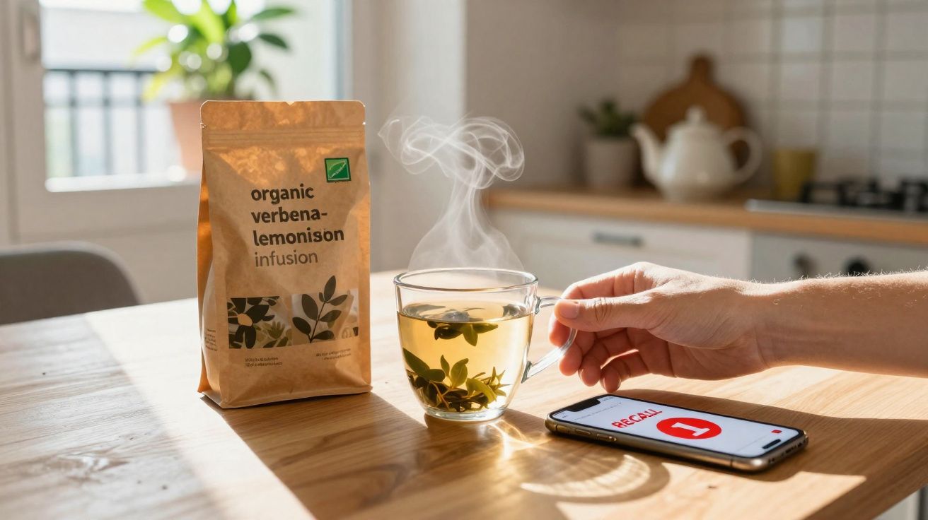Mão segurando chá quente de infusão de verbena e limão ao lado de pacote de chá e telemóvel com aviso de recall.
