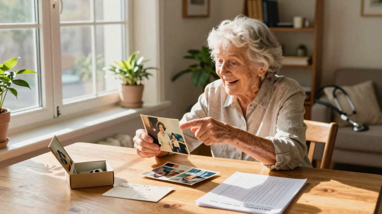 Idosa sorridente a olhar fotos antigas sentada à mesa numa sala iluminada e acolhedora.
