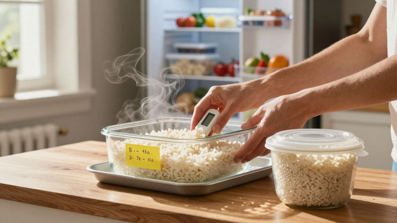 Pessoa a medir a temperatura de arroz quente numa tigela de vidro numa cozinha iluminada.