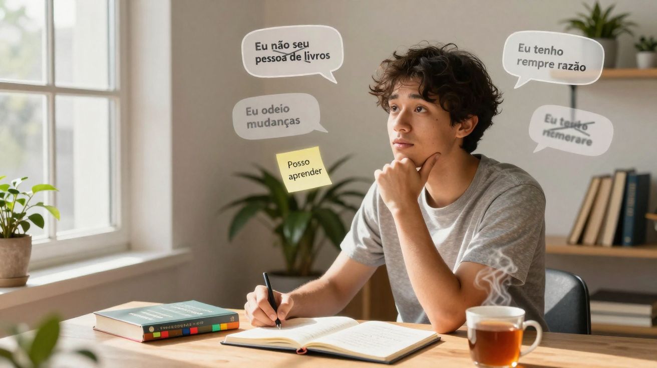 Jovem pensativo a escrever num caderno com várias frases motivacionais e uma chávena de chá fumegante.
