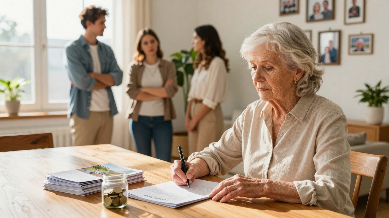Senhora idosa a assinar um documento à mesa enquanto três adultos conversam ao fundo numa sala iluminada.