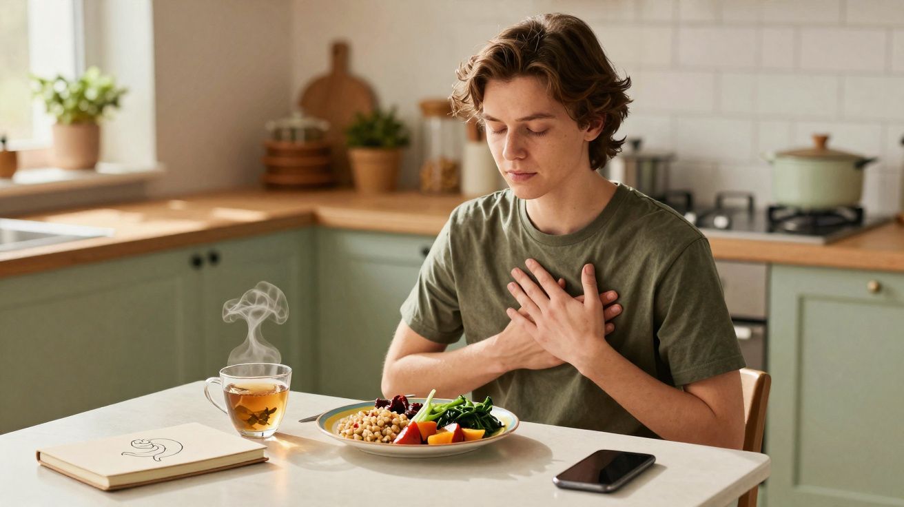 Jovem sentado à mesa com prato de comida saudável e chá a vapor, com as mãos no peito em sinal de gratidão.