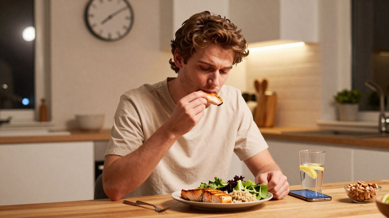 Homem a comer peixe grelhado com salada e quinoa numa cozinha moderna à noite.