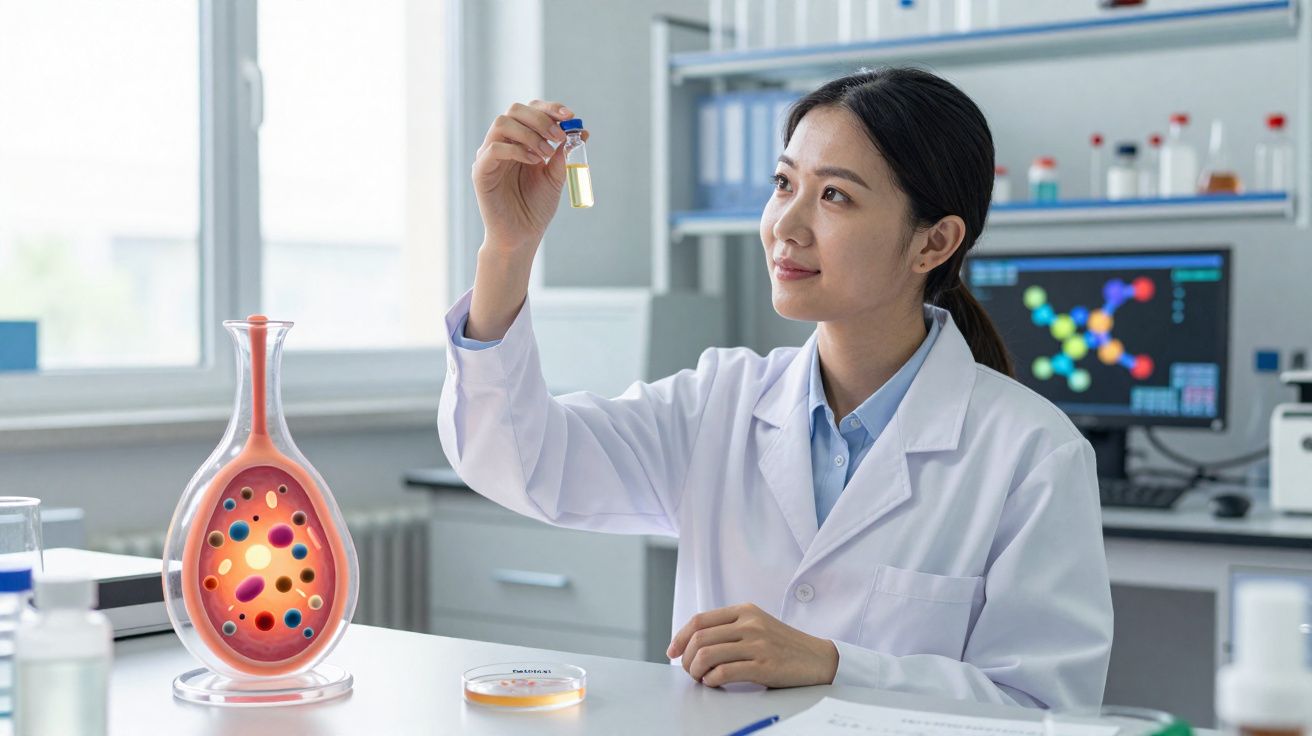 Cientista em laboratório segura tubo de ensaio com líquido amarelo enquanto observa atentamente.