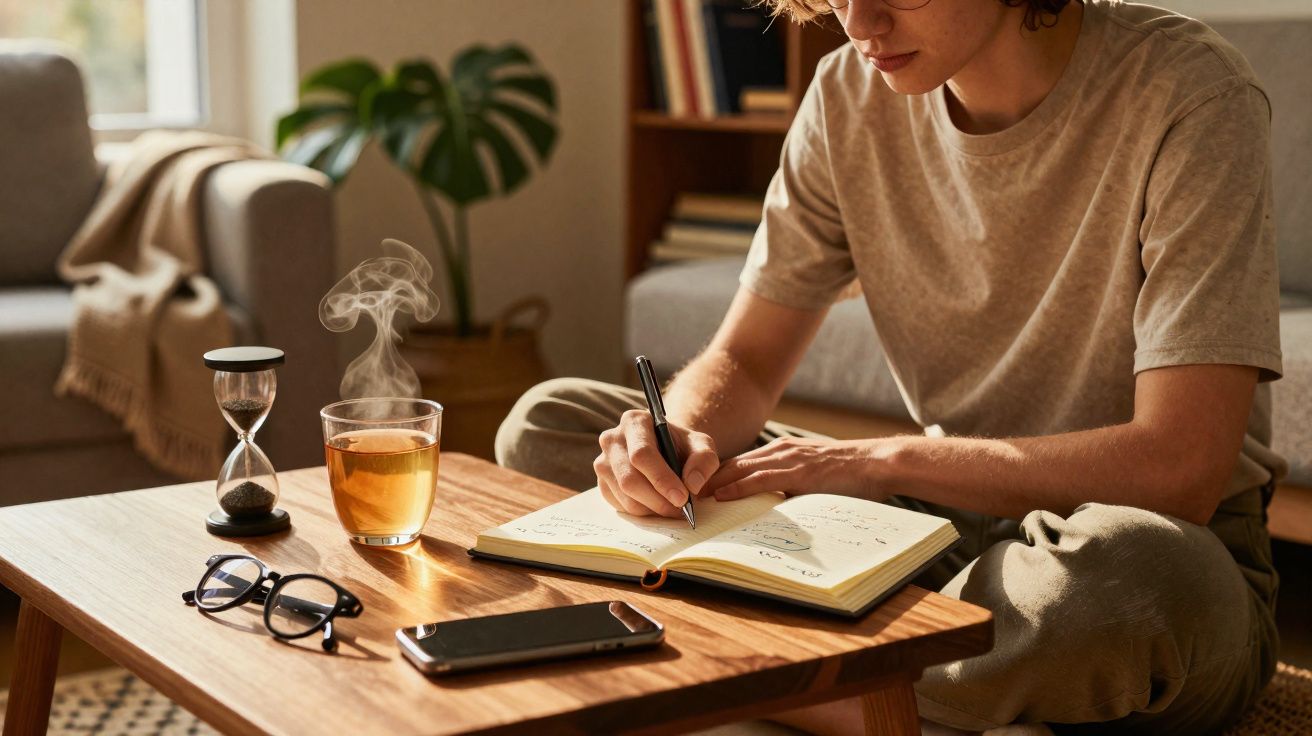 Pessoa a escrever num caderno numa sala, com chá quente, ampulheta, telemóvel e óculos numa mesa de madeira.