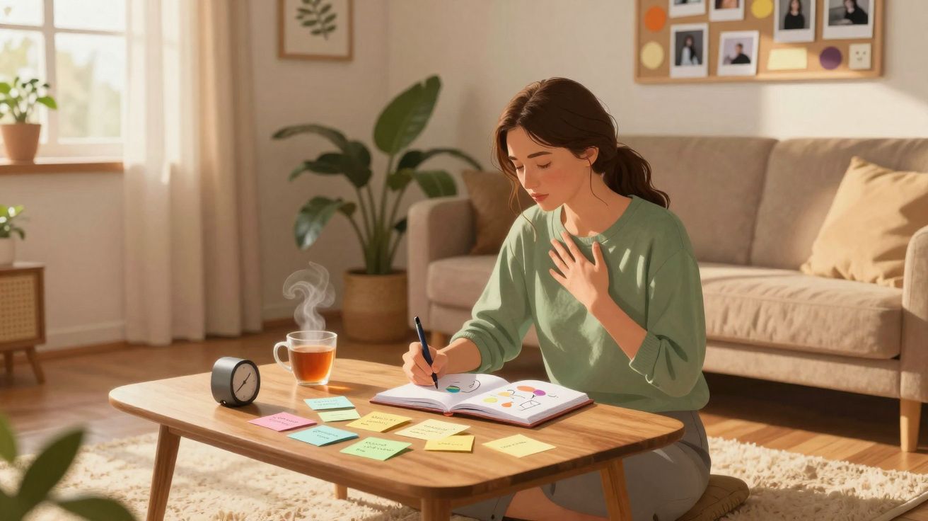 Mulher a escrever num caderno com post-its e chá quente numa sala acolhedora e iluminada pela manhã.