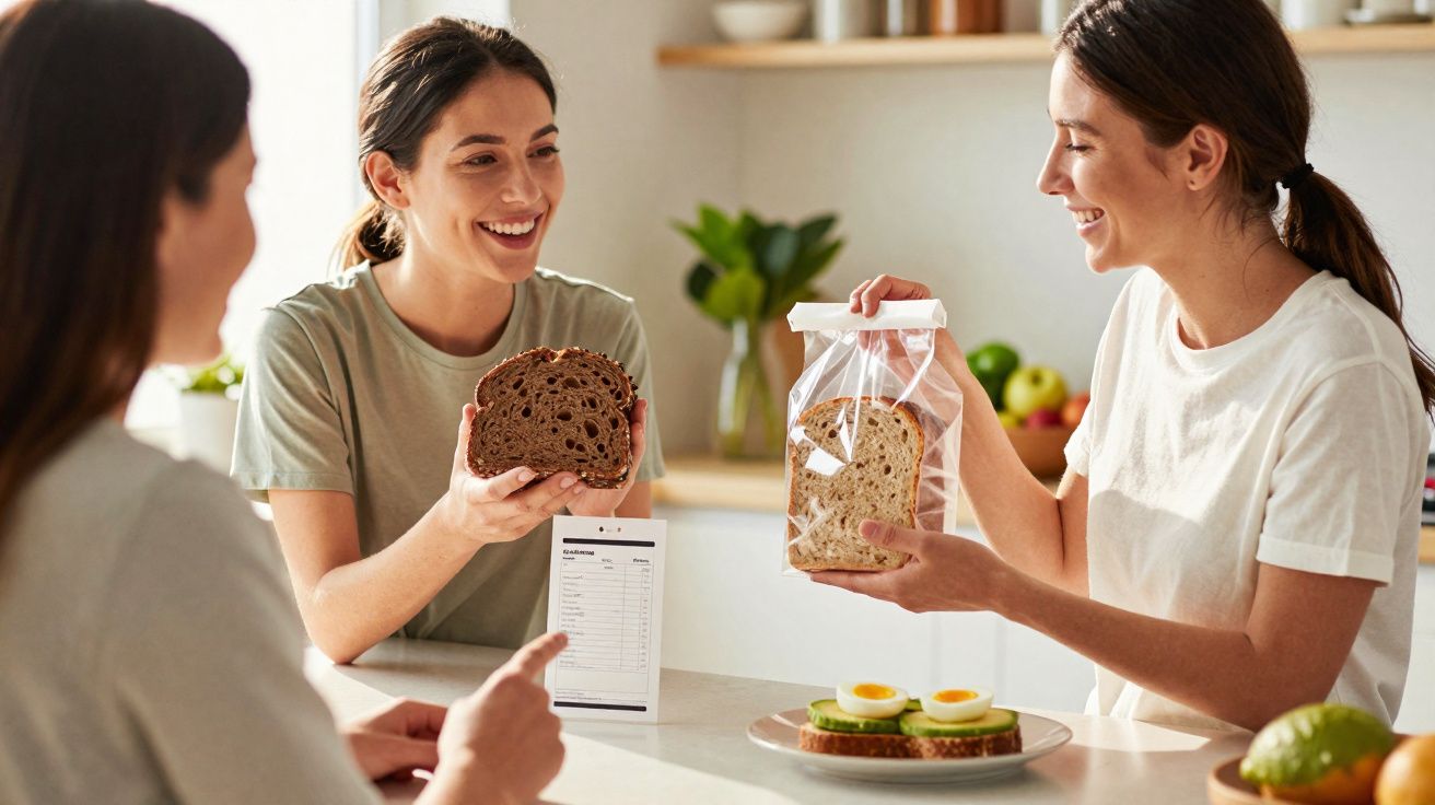 Três mulheres sorridentes discutem tipos de pão na cozinha, com um prato de sanduíche à frente.