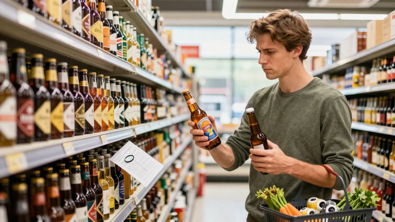 Homem jovem no supermercado compara duas garrafas de cerveja numa prateleira de bebidas.