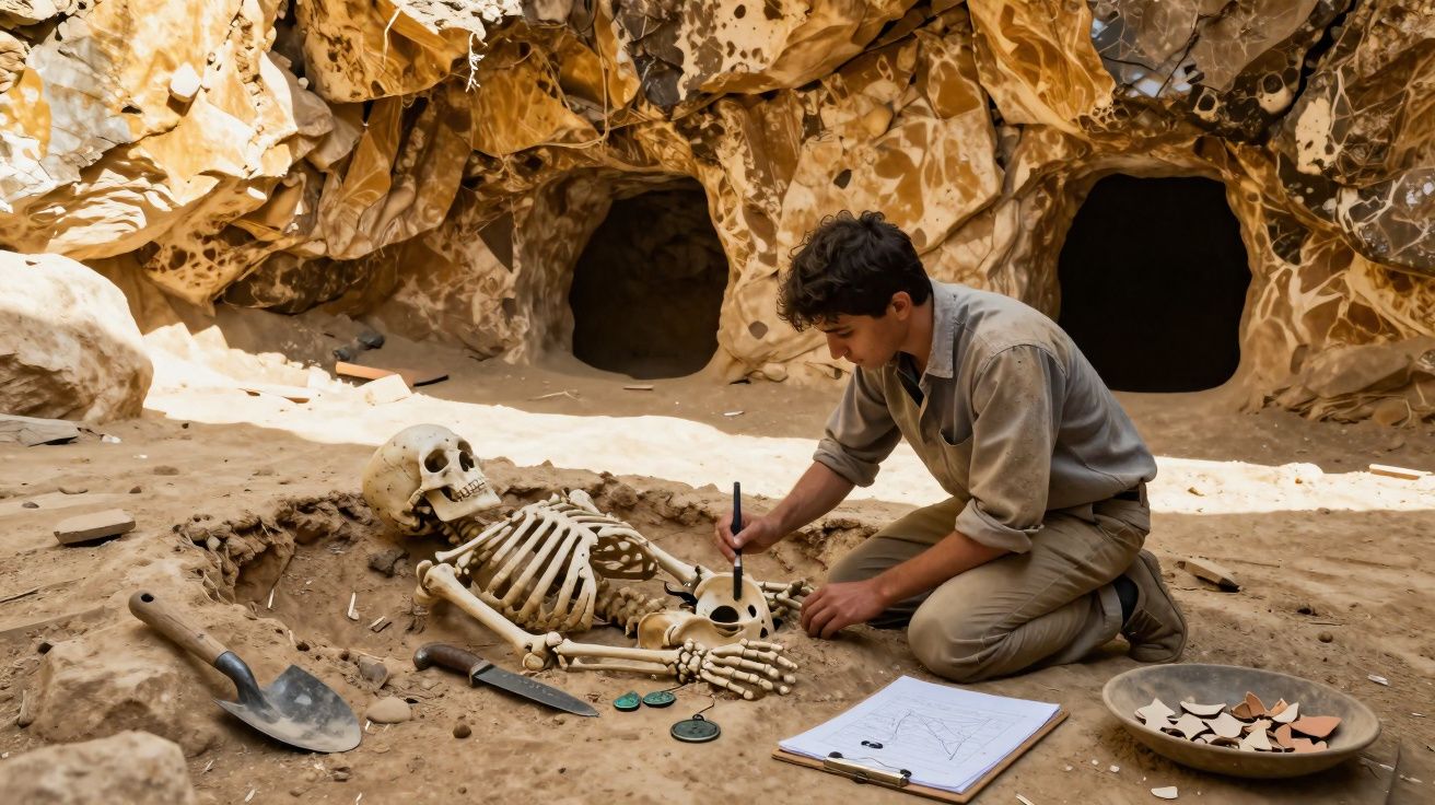 Jovem arqueólogo a escavar e examinar um esqueleto humano em sítio arqueológico com cavernas ao fundo.