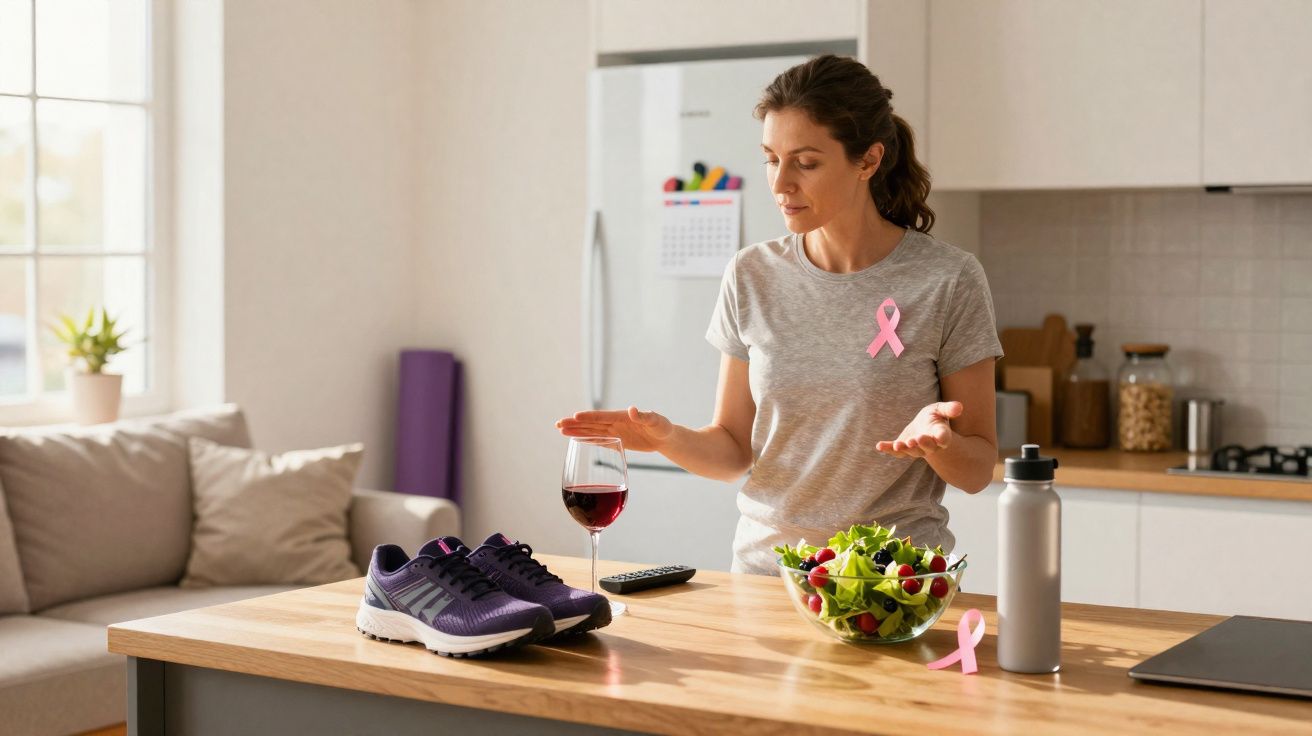 Mulher com laço rosa recusando copo de vinho junto a salada e ténis numa cozinha.