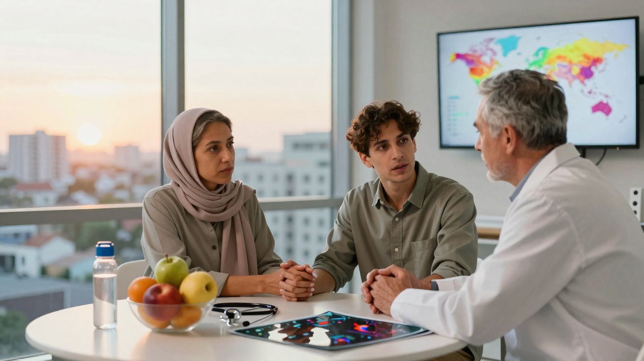 Dois pacientes conversam seriamente com médico num consultório moderno ao pôr do sol.