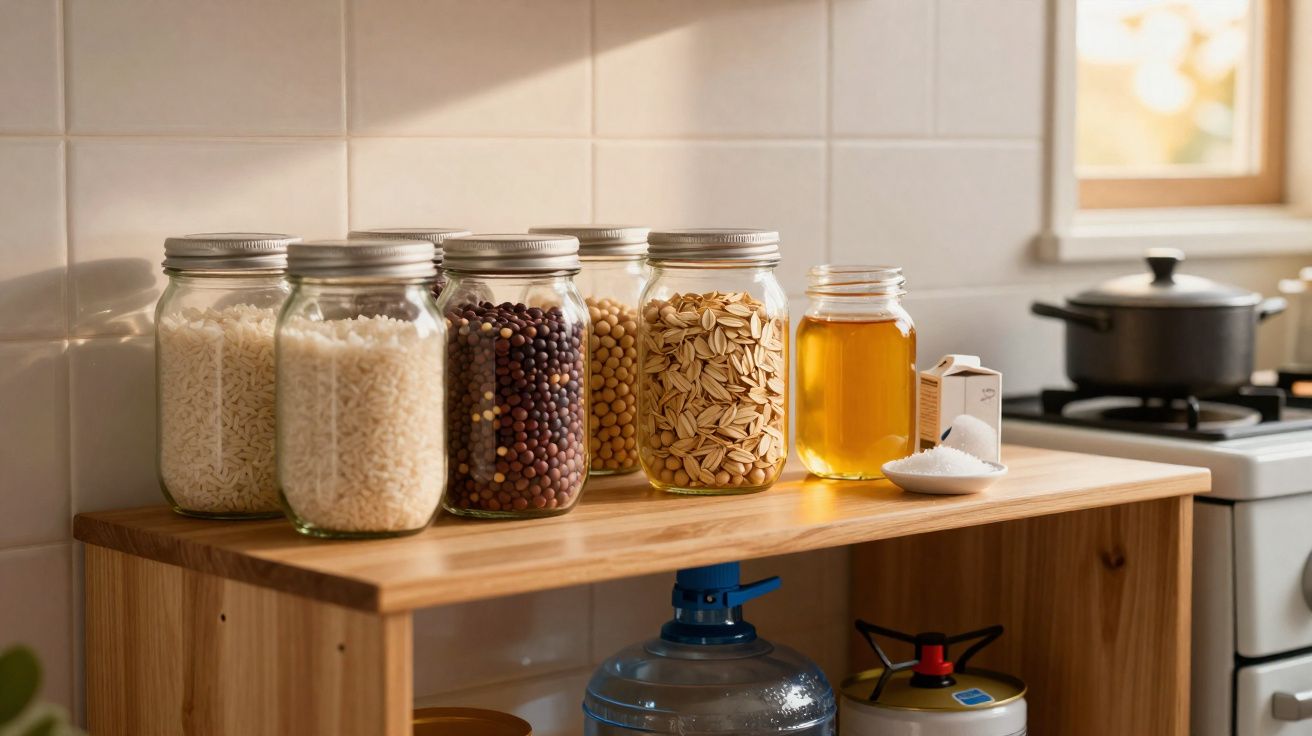 Frascos de vidro com cereais, leguminosas e mel organizados numa prateleira de madeira numa cozinha.