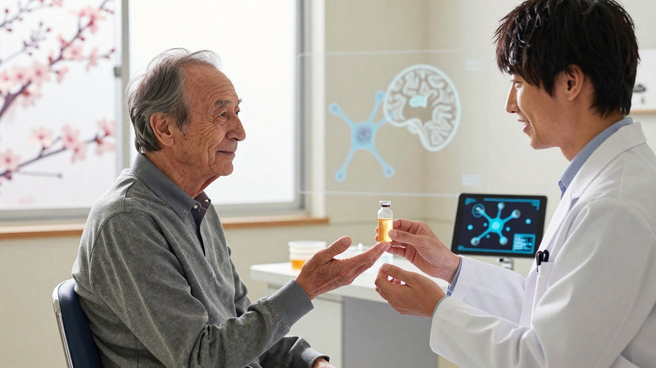 Médico entrega frasco de medicamento a idoso durante consulta com imagem cerebral digital ao fundo.