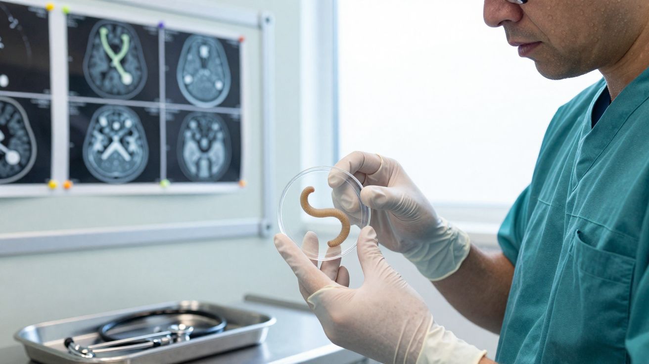 Médico em sala de exames a segurar placa de Petri com verme, com imagens de ressonância do cérebro ao fundo.