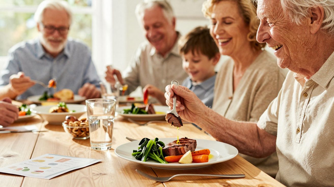 Grupo familiar multi-geracional feliz a jantar carne e legumes numa mesa de madeira clara.