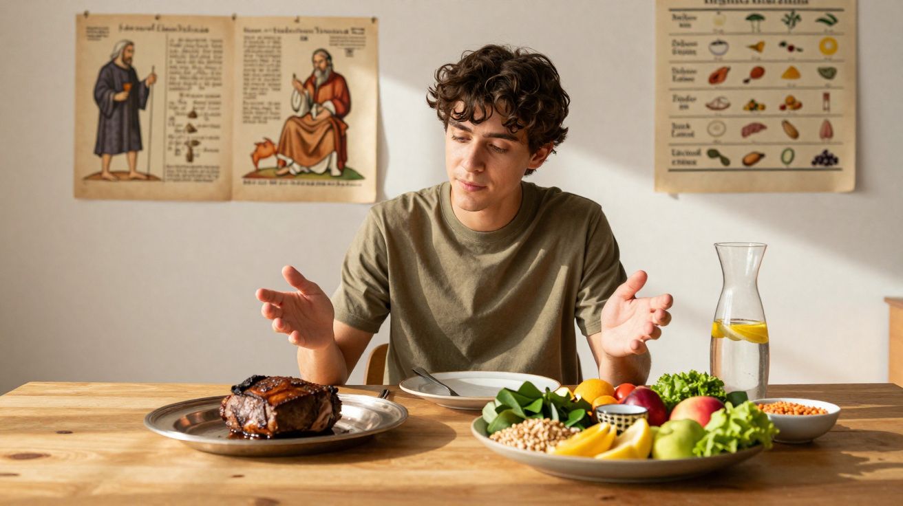 Jovem sentado à mesa a olhar para um prato com carne, enquanto tem à frente legumes e frutas variadas.