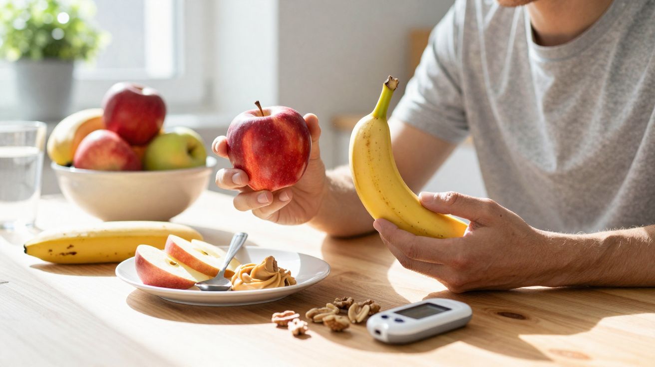 Pessoa a segurar uma maçã e uma banana numa mesa com frutos, manteiga de amendoim e medidor de glicose.