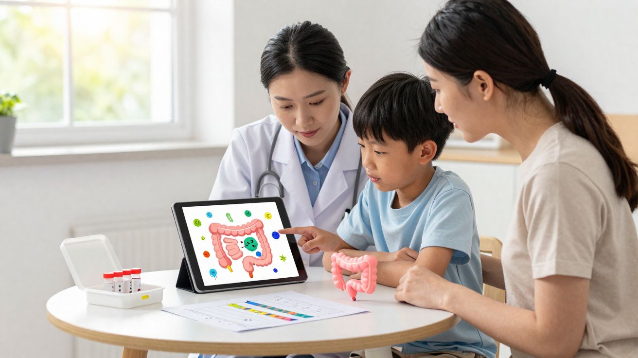 Médica explica anatomia do intestino a menino e mãe usando tablet e modelo 3D numa consulta.