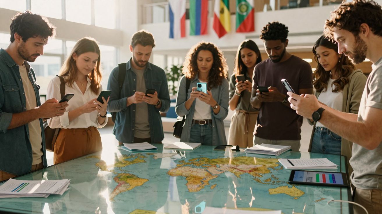 Grupo multicultural de jovens em volta de mesa com mapa-mundo, todos a usar smartphones, em ambiente luminoso e moderno.