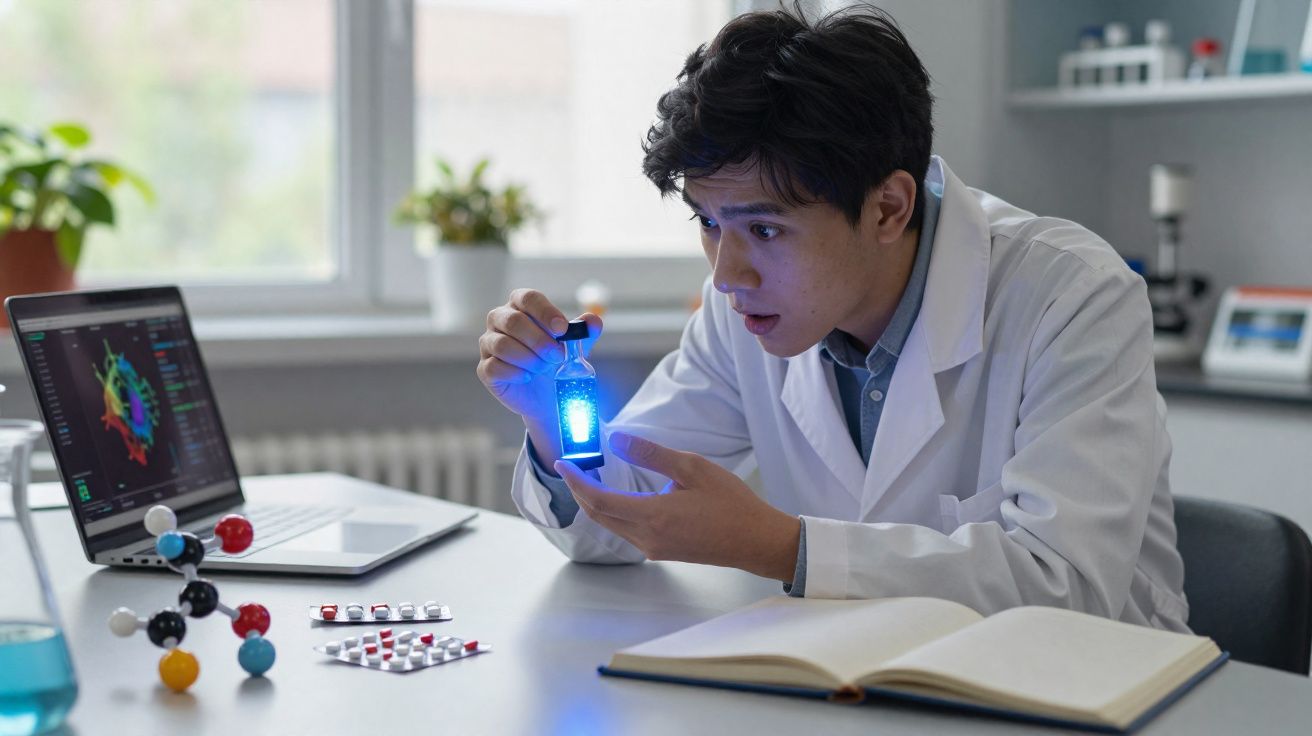 Cientista em laboratório observa frasco com líquido azul brilhante, com computador e material científico na mesa.