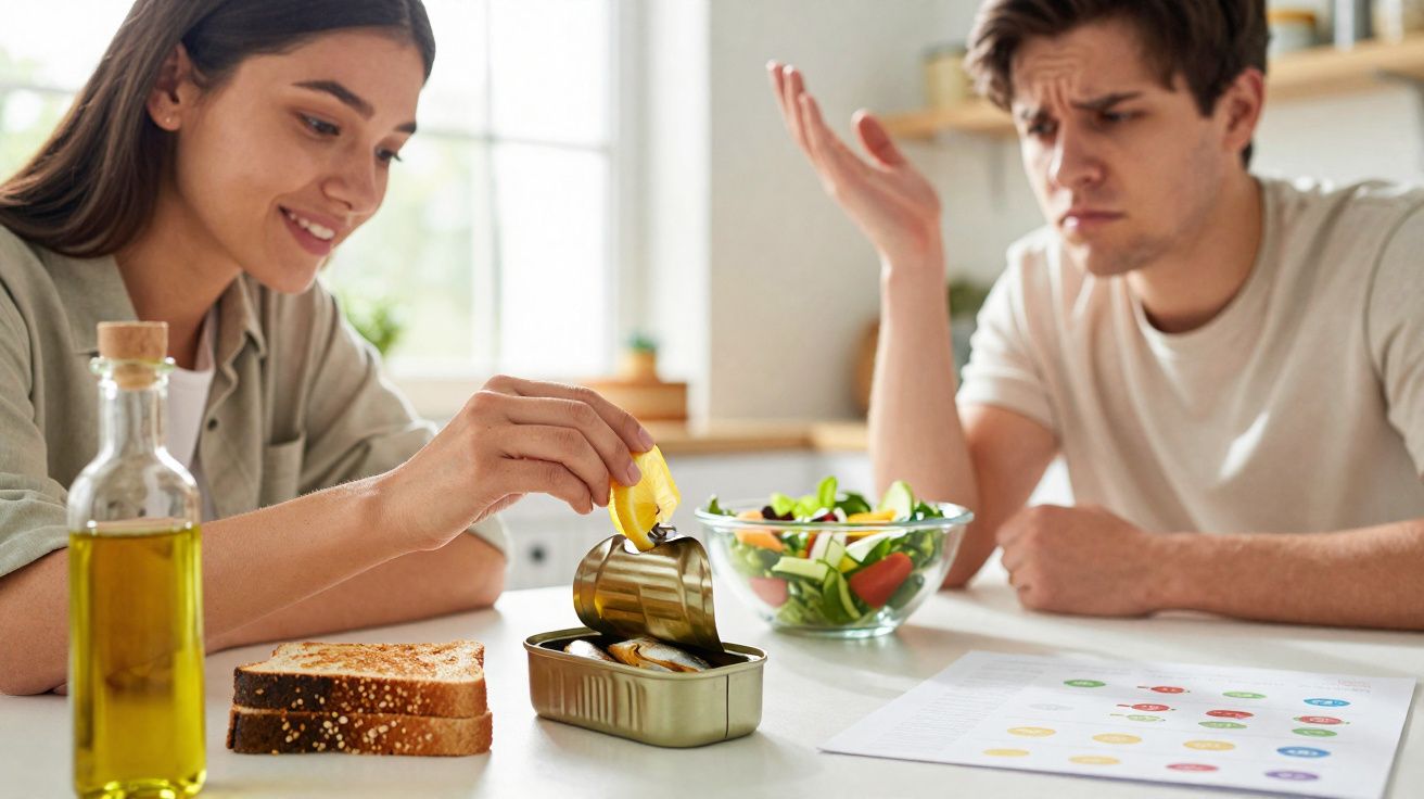 Mulher abre lata de sardinhas e homem mostra-se confuso numa cozinha moderna e luminosa.