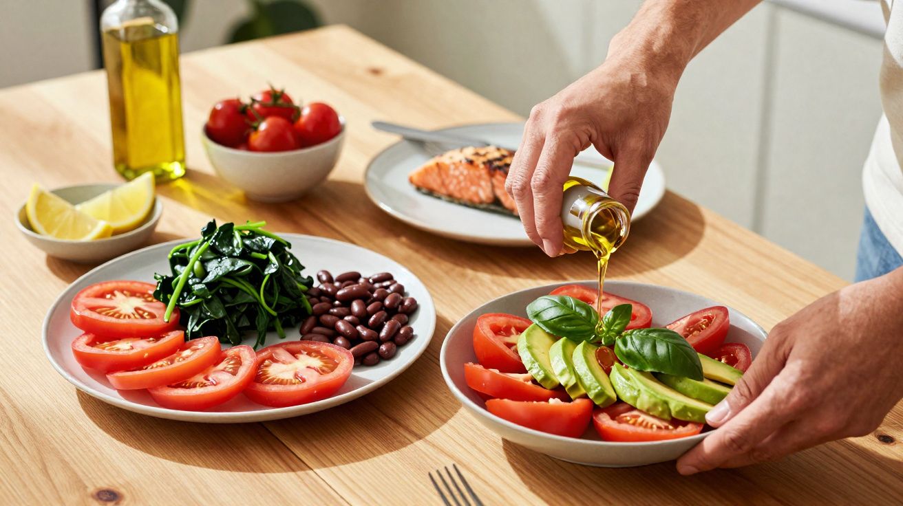 Pessoa a deitar azeite numa salada de tomate, abacate e manjericão sobre mesa com outros pratos.