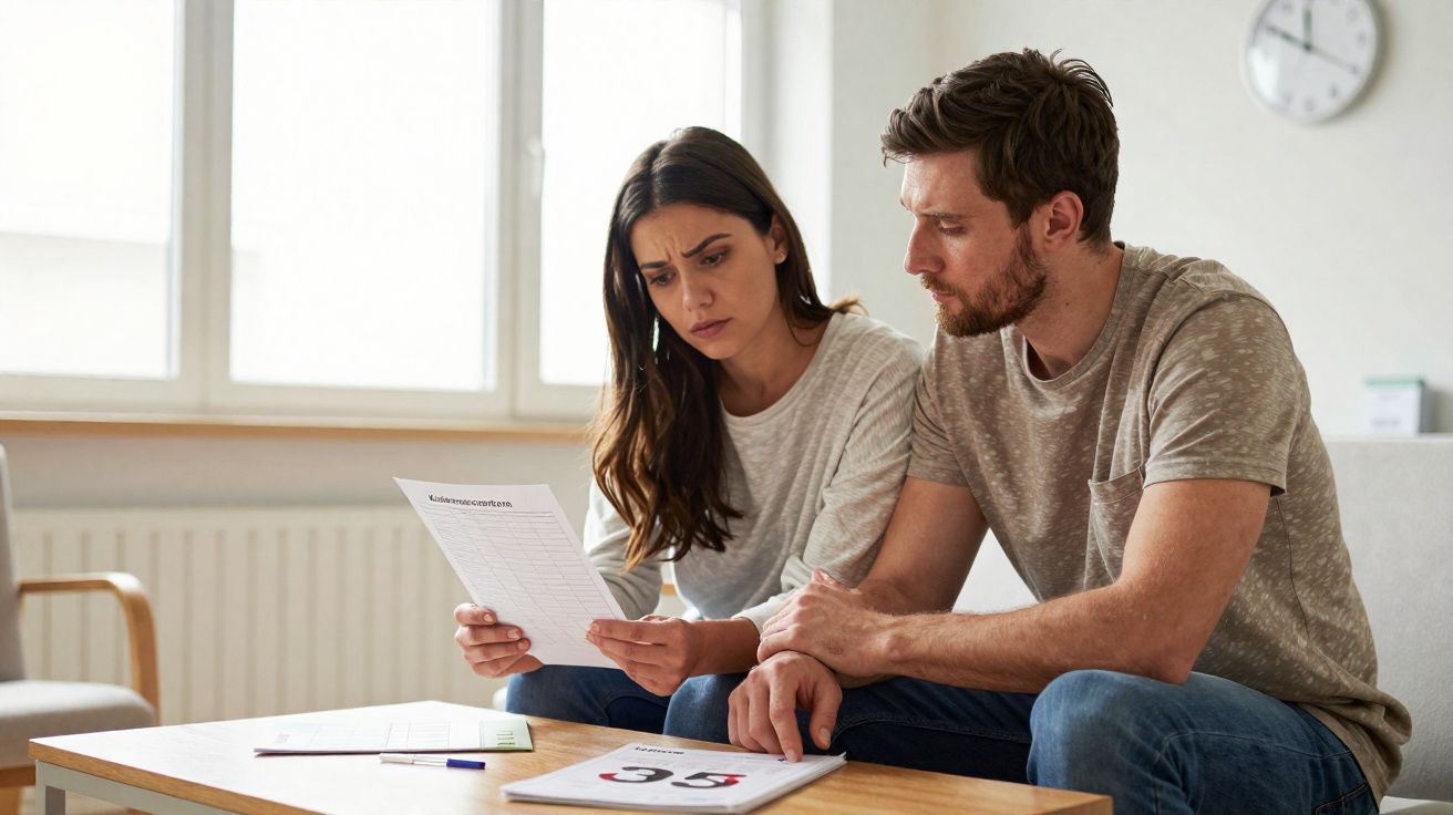 Casal preocupado sentado no sofá a analisar documentos e contas numa sala iluminada por luz natural.