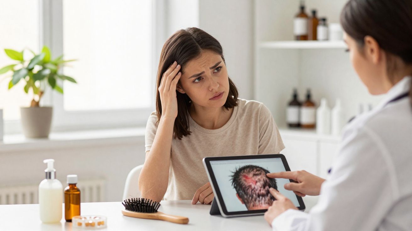 Mulher preocupada consulta médica que mostra no tablet problema capilar com couro cabeludo inflamado.