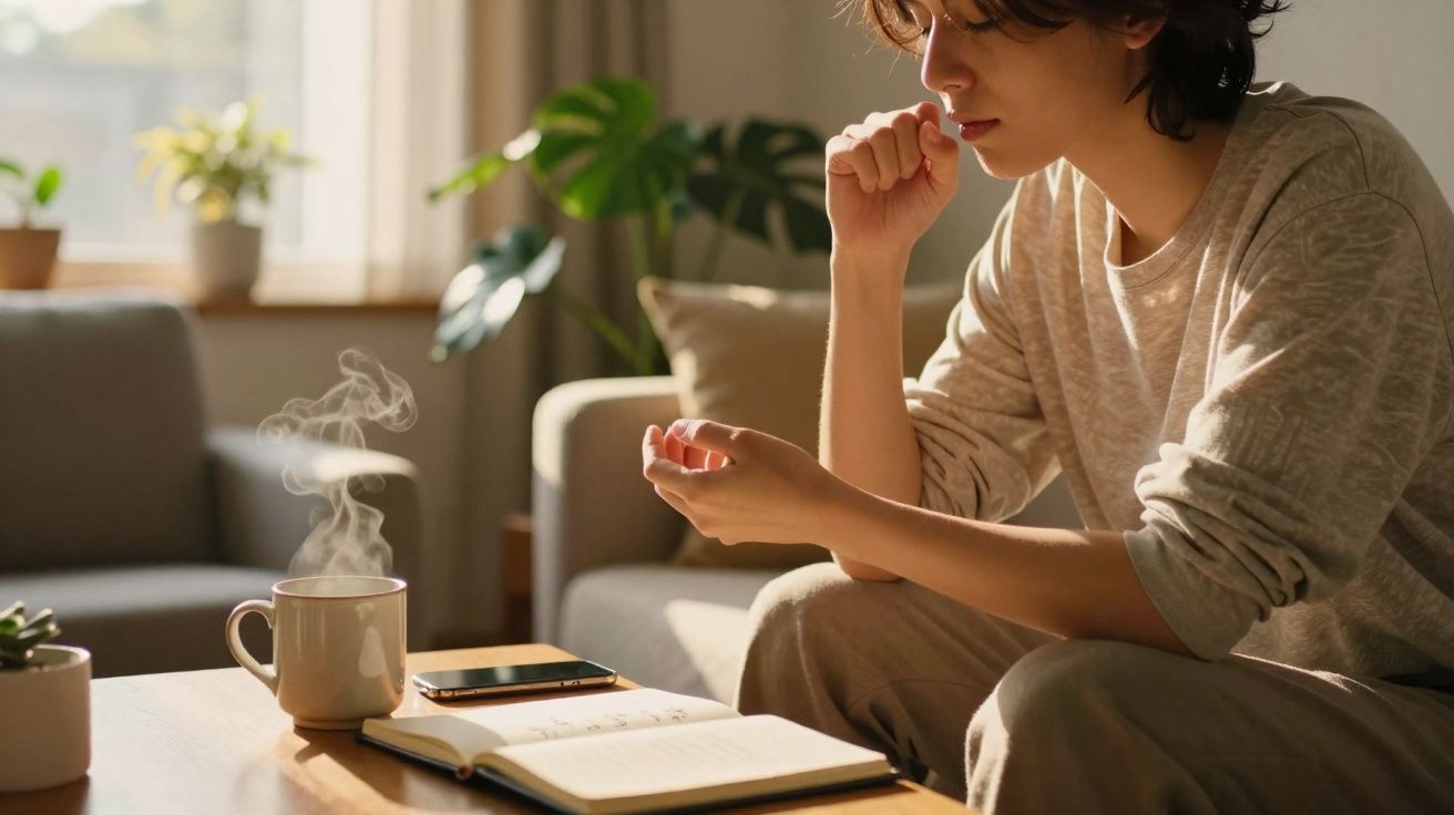 Pessoa pensativa sentada junto a uma mesa com caderno, telemóvel e chá fumegante num ambiente acolhedor.