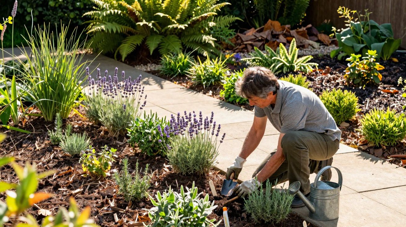 Homem a cuidar de plantas com luvas, pá e regador num jardim com várias plantas e flores.