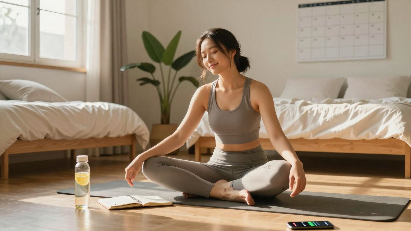 Mulher sentada em posição de meditação na sala com roupa desportiva, garrafa de água e telemóvel ao lado.