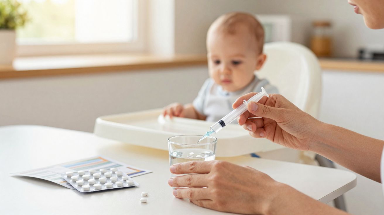 Adulto a dissolver comprimidos em água com seringa, bebé sentado numa cadeira alta ao fundo.