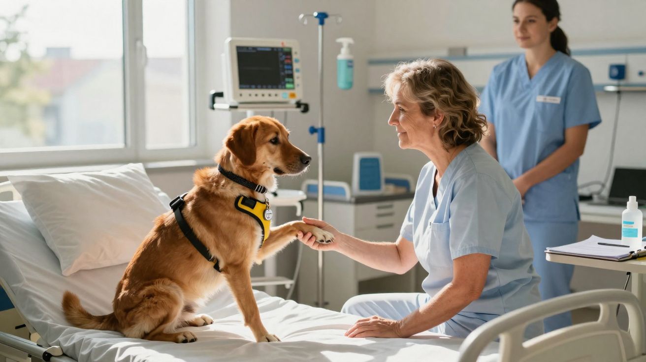 Cão de terapia sentado numa cama de hospital a dar a pata a enfermeira, outra enfermeira observa ao fundo.