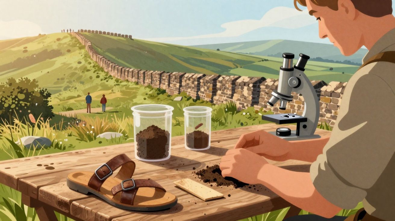 Pessoa a analisar amostras de terra na natureza, com microscópio, sandálias e vedação de pedra ao fundo.