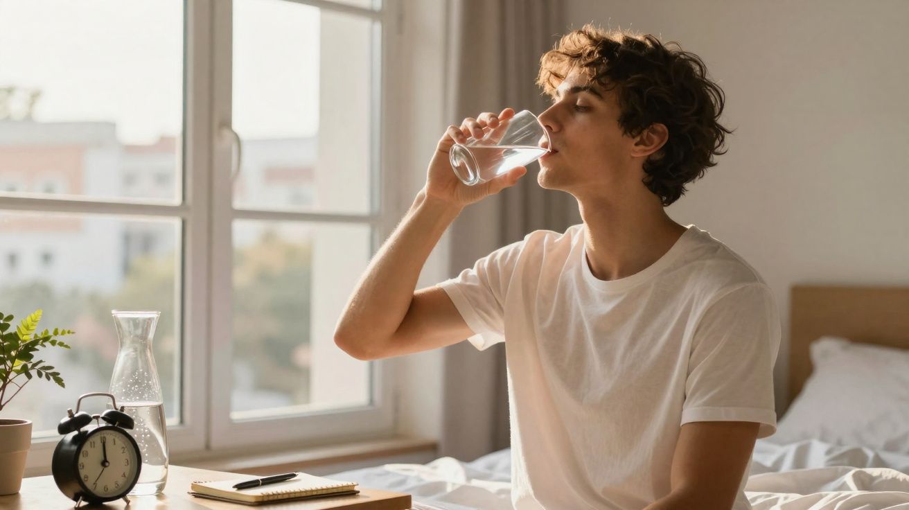 Jovem sentado na cama a beber água de copo num quarto iluminado pela janela de manhã.